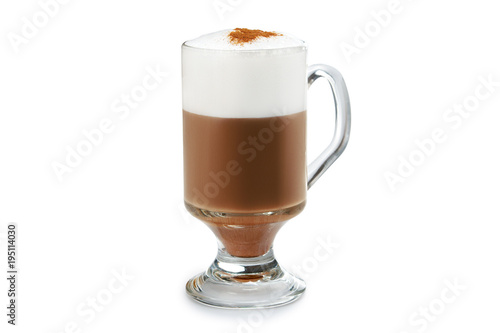 Transparent glass with hot cappuccino isolated on white