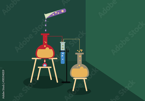 Its a chemistry experiment pouring the acid test tube to flask, flask to another test tube to another flask test tube has attached to stand both flasks are on stools