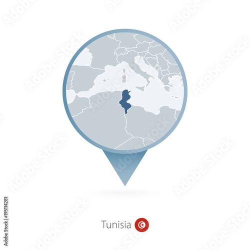 Map pin with detailed map of Tunisia and neighboring countries.