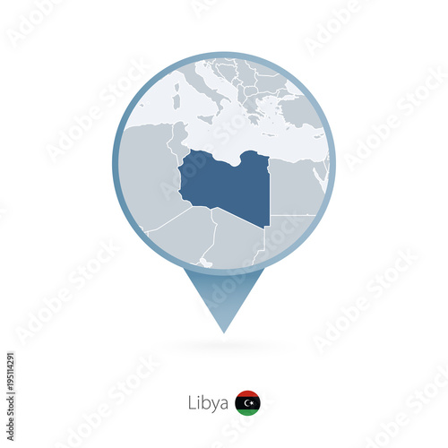 Map pin with detailed map of Libya and neighboring countries.