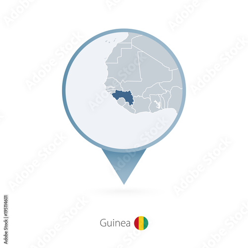 Map pin with detailed map of Guinea and neighboring countries.