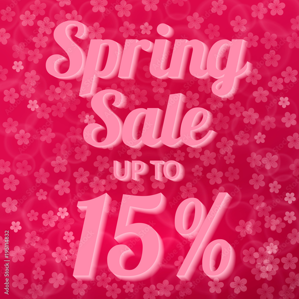 Spring sale banner 15% discount sign on hot pink background with bokeh and cherry blossom flowers confetti. Easy to edit vector design template. Spring sale banner 15% discount sign on hot pink background with bokeh and cherry blossom flowers confetti. Easy to edit vector design template.