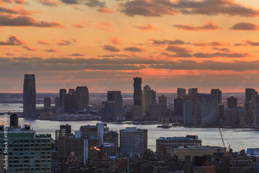 View to Manhattan at sunset, New York, USA
