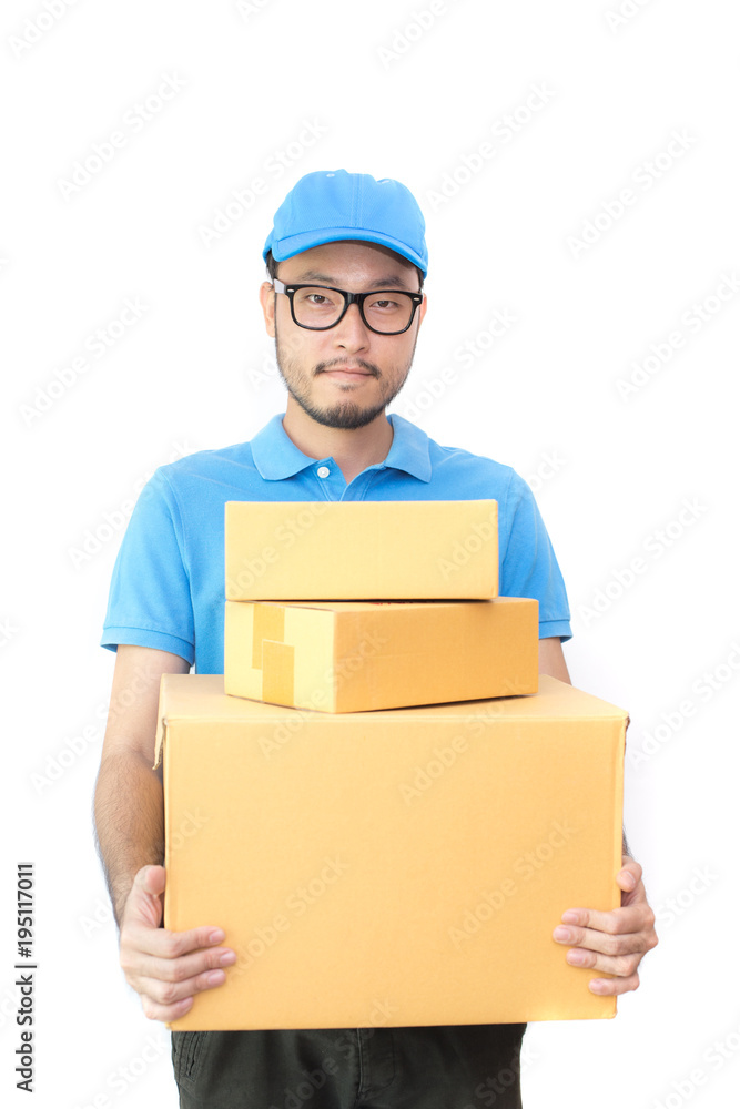 Young Asian man with delivery service worker in uniform. Man holding Box with attractive smiling isolated on white background. Young Asian man with delivery service worker in uniform. Man holding Box with attractive smiling isolated on white background.