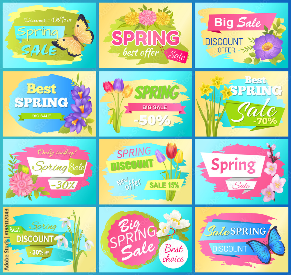 Labels Set Super Offer Spring Sale Adverts Flowers