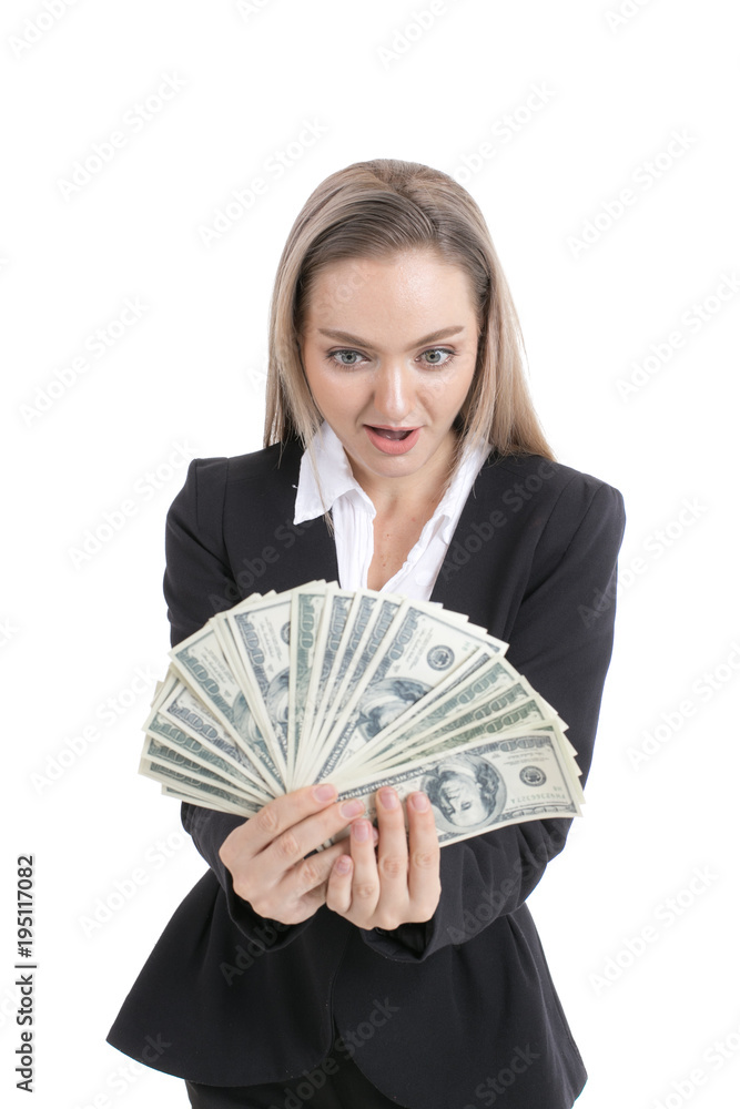 Businesswoman holding money with smile isolated on white background. Businesswoman holding money with smile isolated on white background.