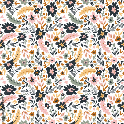Vector floral seamless pattern in doodle style with flowers and leaves. Gentle, summer floral background.