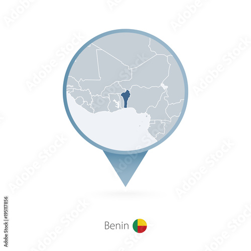 Map pin with detailed map of Benin and neighboring countries.