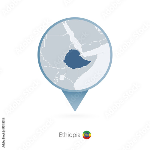 Map pin with detailed map of Ethiopia and neighboring countries.