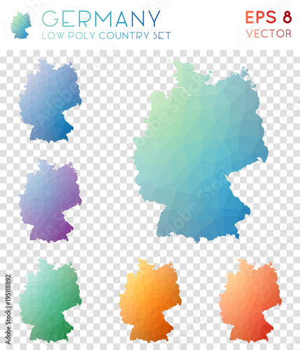 Germany geometric polygonal maps, mosaic style country collection. Exceptional low poly style, modern design. Germany polygonal maps for infographics or presentation.