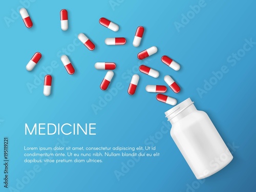 Vector realistic pills and capsules banner. Medicines, tablets, capsules, drug of painkillers, antibiotics, vitamins and small bottle. Health care medical and vector illustration.