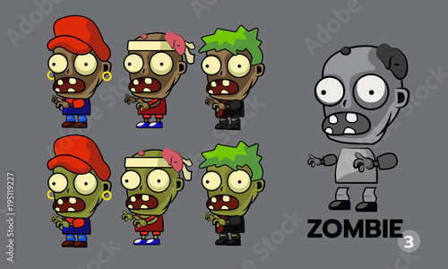 Zombie character cartoon style sprites set, runner, business man, repairman concept. Asset for create animation and shooter, action and adventure video game. Vector illustration