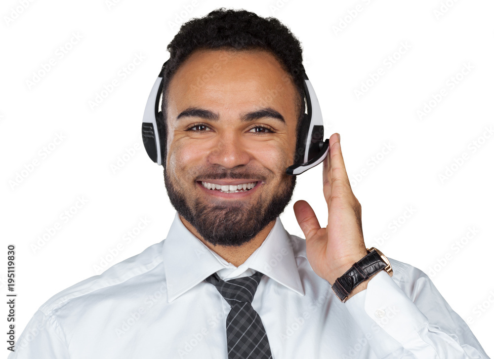 African American man in headsets isolated white background African American man in headsets isolated white background