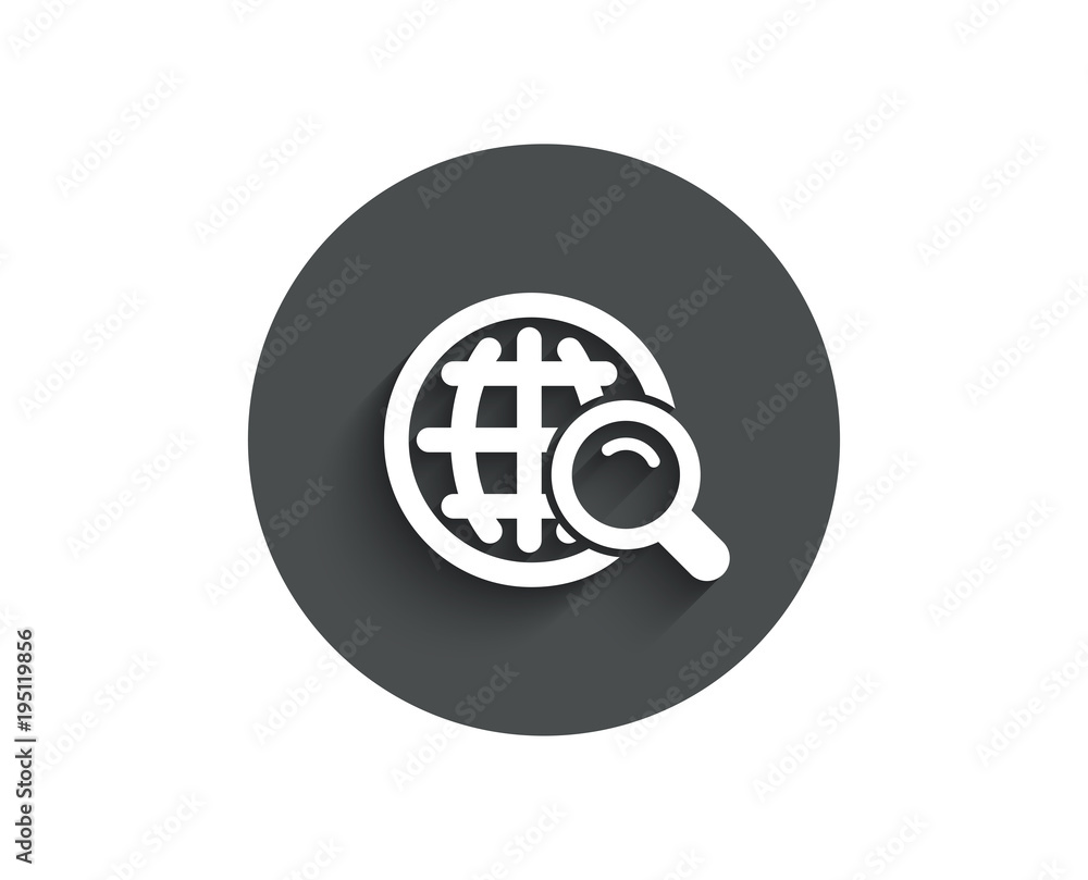 Global Search simple icon. World or Globe sign. Website search engine symbol. Circle flat button with shadow. Vector Global Search simple icon. World or Globe sign. Website search engine symbol. Circle flat button with shadow. Vector