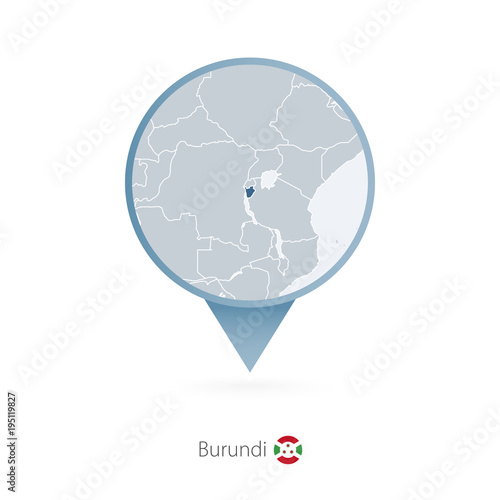 Map pin with detailed map of Burundi and neighboring countries.