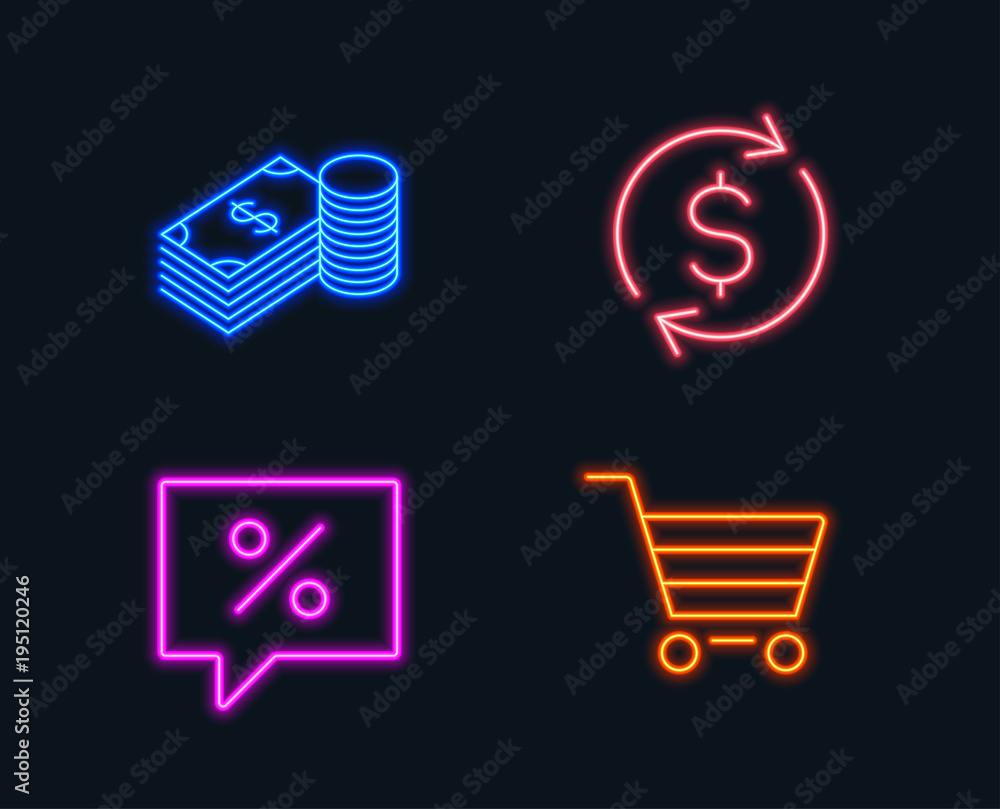 Neon lights. Set of Dollar exchange, Savings and Discount message icons. Market sale sign. Banking rates, Finance currency, Special offer. Customer buying. Glowing graphic designs. Vector Neon lights. Set of Dollar exchange, Savings and Discount message icons. Market sale sign. Banking rates, Finance currency, Special offer. Customer buying. Glowing graphic designs. Vector