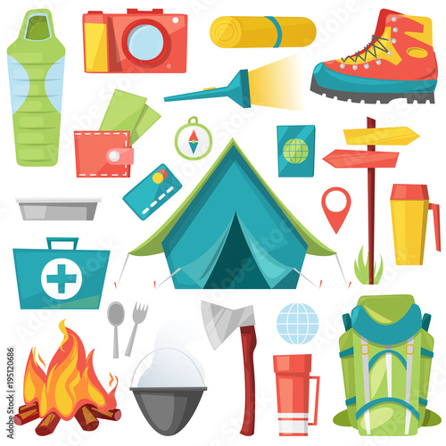 Camping vector camp adventure for tourism and travelling in forest illustration set of campground equipment and campfire isolated on white background
