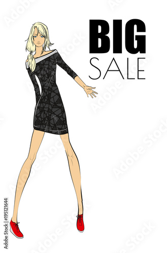 Fashion girl in a little black dress. Vector illustration.