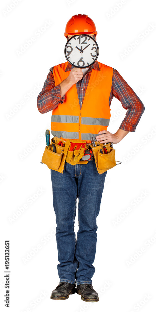 male builder in a helmet holdig big clock male builder in a helmet holdig big clock