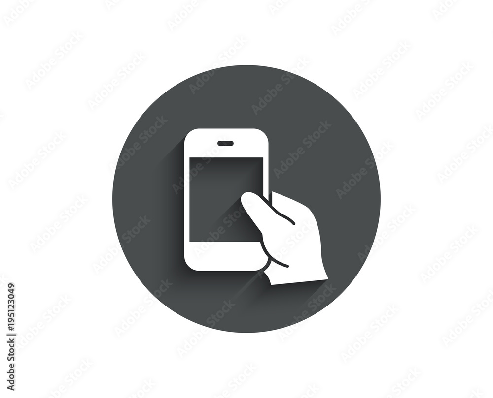 Hold Smartphone icon. Give Cellphone or Phone sign. Сommunication Mobile device symbol. Circle flat button with shadow. Vector Hold Smartphone icon. Give Cellphone or Phone sign. Сommunication Mobile device symbol. Circle flat button with shadow. Vector