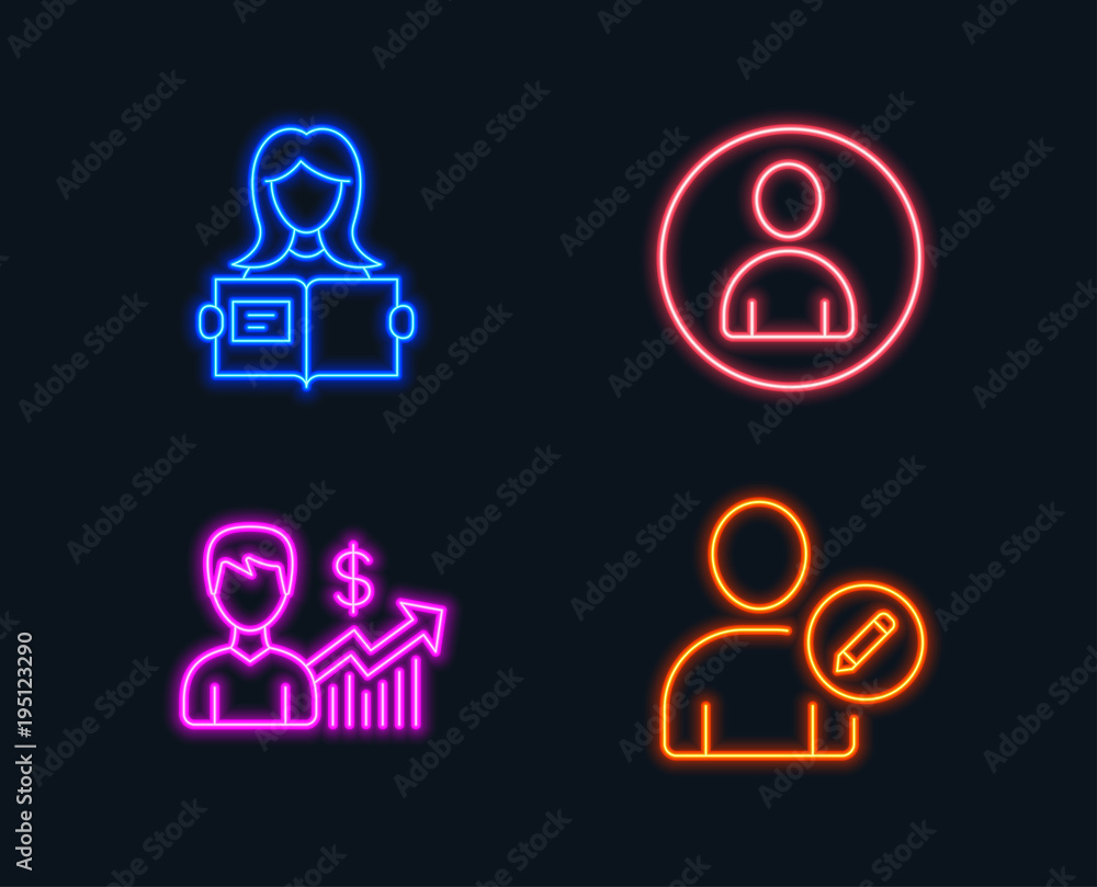 Neon lights. Set of Business growth, Avatar and Woman read icons. Edit user sign. Earnings results, User profile, Girl studying. Profile data. Glowing graphic designs. Vector Neon lights. Set of Business growth, Avatar and Woman read icons. Edit user sign. Earnings results, User profile, Girl studying. Profile data. Glowing graphic designs. Vector