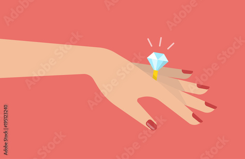 Elegant women's hand in wedding ring with a big diamond. Wedding and marriage concept. Flat vector illustration