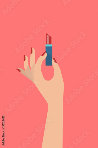 Elegant women's hand is holding a red lipstick. Beauty and cosmetic concept. Flat vector illustration