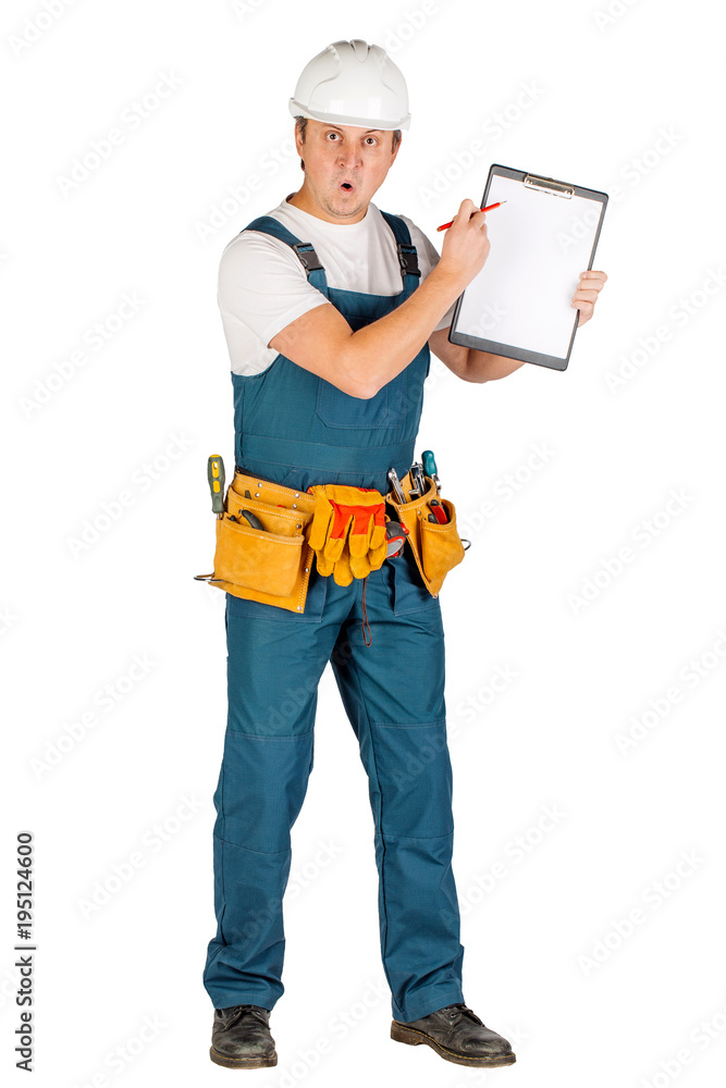 man standing and writing in folder on a white background. People and emotional concept