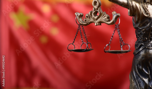 Photography Scales of Justice, Justitia, Lady Justice in front of the flag of China in the background