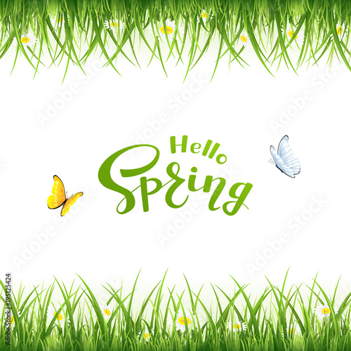 Text Hello Spring with butterflies and grass