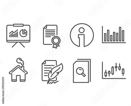 Set of Presentation, Feather signature and Certificate icons. Bar diagram, Search files and Candlestick graph signs. Board with charts, Feedback, Diploma. Vector
