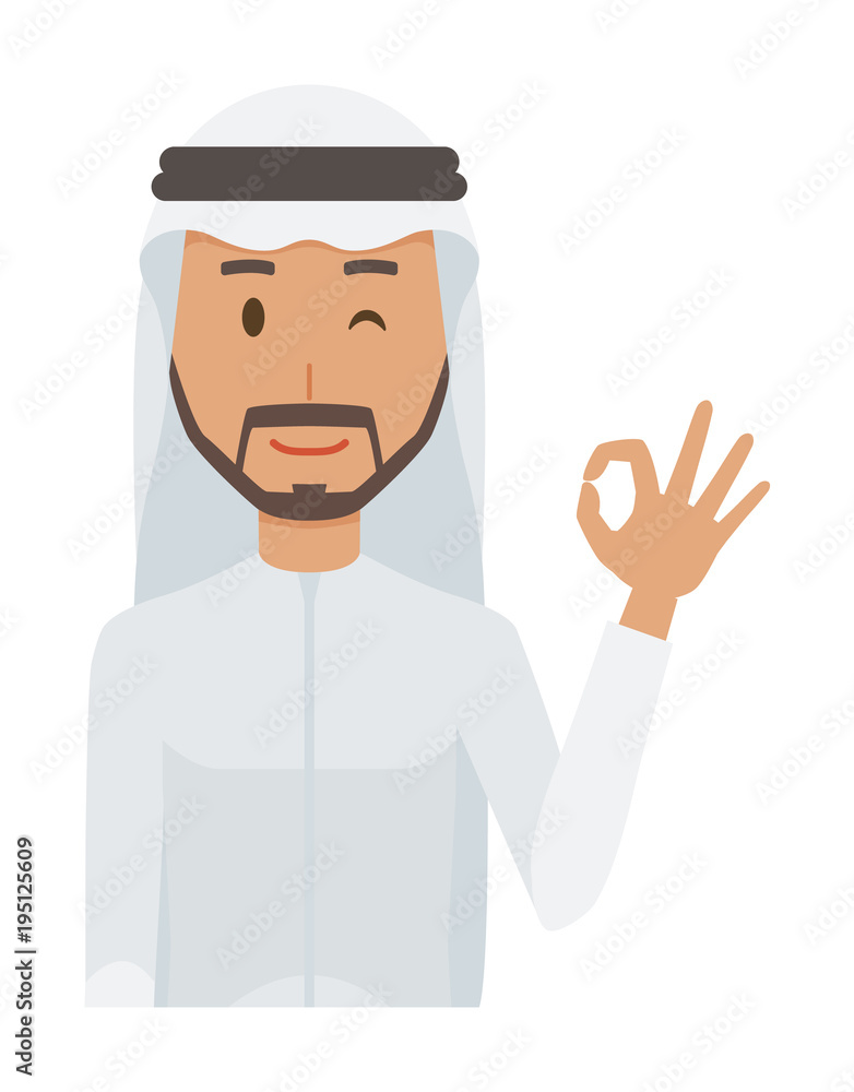 An arab man wearing ethnic costumes is playing an okay sign