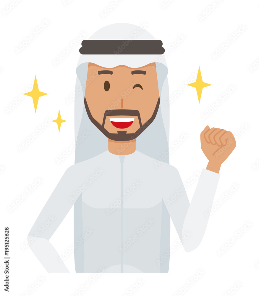 An arab man wearing ethnic costumes is winking and raised one hand An arab man wearing ethnic costumes is winking and raised one hand