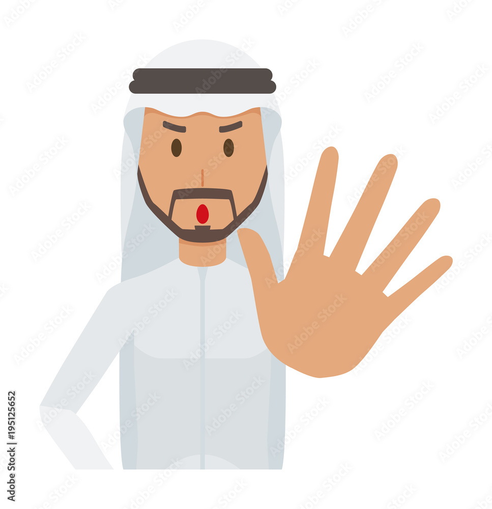 An arab man wearing ethnic costumes is stop gesture An arab man wearing ethnic costumes is stop gesture