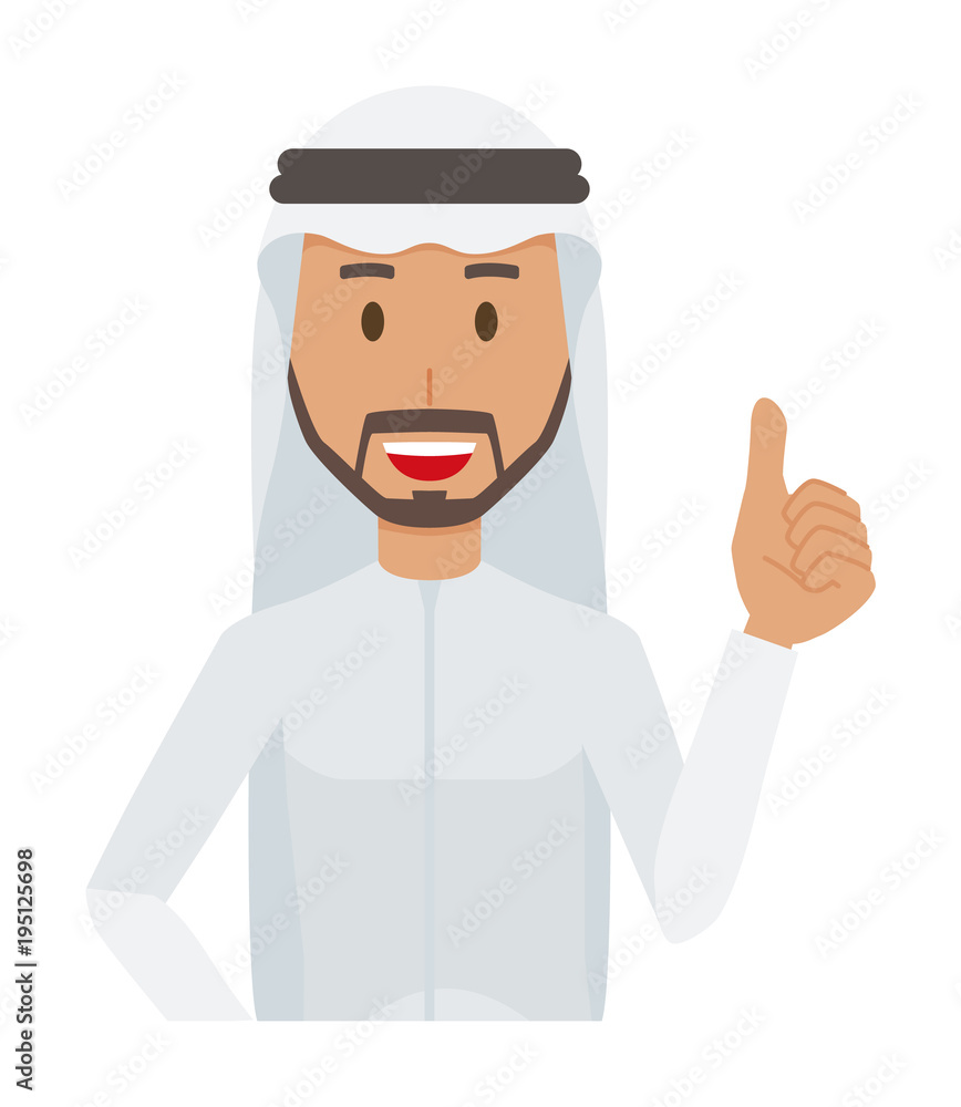An arab man wearing ethnic costumes is showing thumbs up An arab man wearing ethnic costumes is showing thumbs up