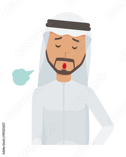An arab man wearing ethnic costumes is sighing