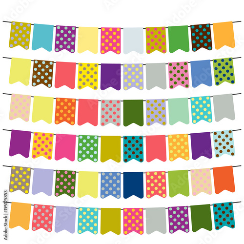 Colorful flags and bunting garlands for decoration. Decor elements with various patterns. Vector illustration 