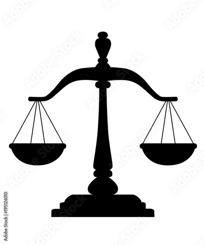 Black silhouette of Scales of Justice. Wooden scales balance sign. Vector illustration isolated on white background. Web site page and mobile app design