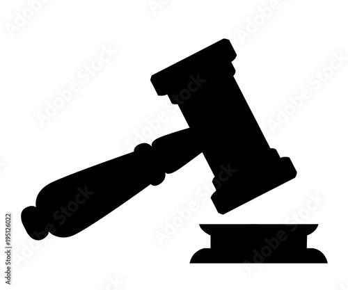 Black silhouette of judge wood hammer. Gavel in cartoon style. Ceremonial mallet for auction, judgment. Vector illustration isolated on white background. Web site page and mobile app design