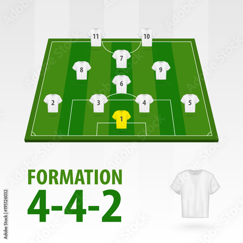 Football players lineups, formation diamond 4-4-2 . Soccer half stadium.