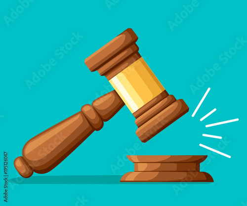 Judge wood hammer. Gavel in cartoon style. Ceremonial mallet for auction, judgment. Vector illustration isolated on turquoise background. Web site page and mobile app design