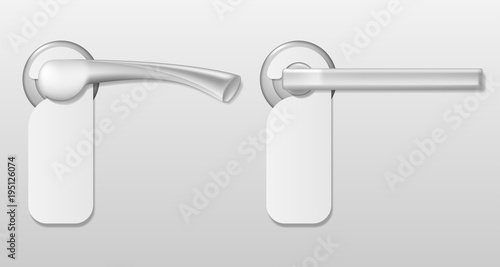Metal Hotel door handle Lock with white blank hanger Isolated. Door knob mockup with no disturb empty tag. vector illustration