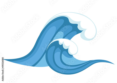 Tsunami wave. Big blue sea wave in cartoon style. Cataclysm color icon. Vector illustration isolated on white background. Web site page and mobile app design photo