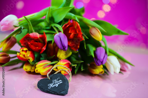 colorful tulips with wooden heart, women's day, mother's day, valentine