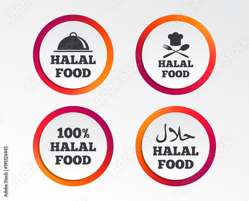 Halal food icons. 100% natural meal symbols. Chef hat with spoon and fork sign. Natural muslims food. Infographic design buttons. Circle templates. Vector