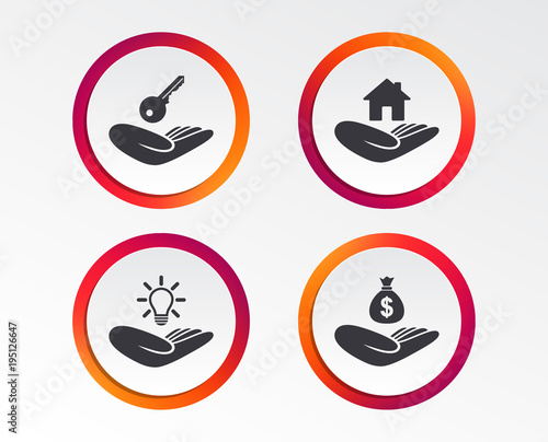 Helping hands icons. Financial money savings insurance symbol. Home house or real estate and lamp, key signs. Infographic design buttons. Circle templates. Vector