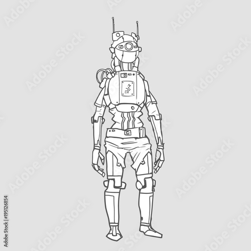 Humanoid robot, android with artificial intelligence. Contour vector illustration, isolated