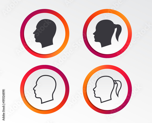 Head icons. Male and female human symbols. Woman with pigtail signs. Infographic design buttons. Circle templates. Vector