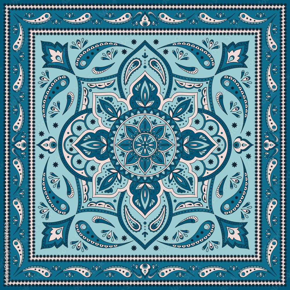 Floral indian paisley pattern vector border. Vintage flower ethnic ornament for scarf bandana print fabric. Oriental folk design for silk shawl, persian rug, gypsy carpet textile, boho medallion.
