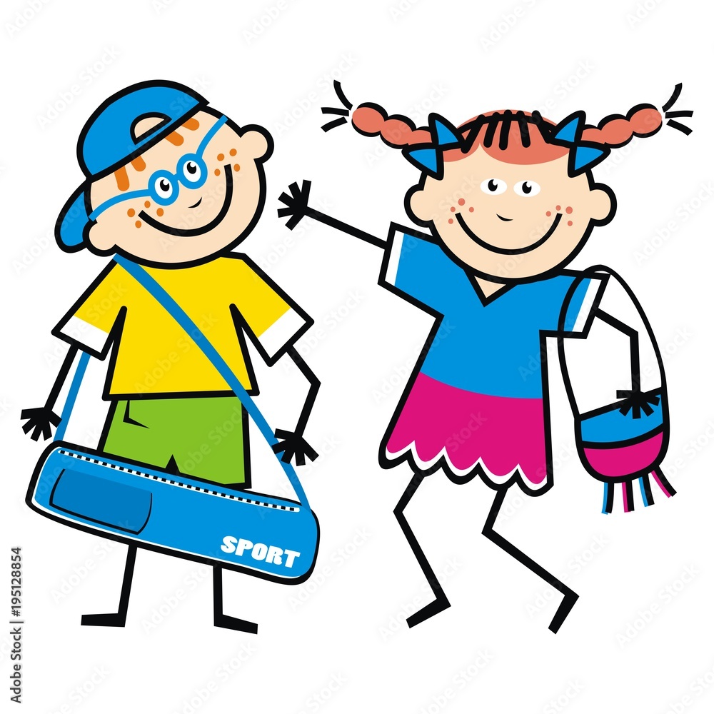 Fototapeta Happy kids with bags, funny illustration, vector icon, couple
